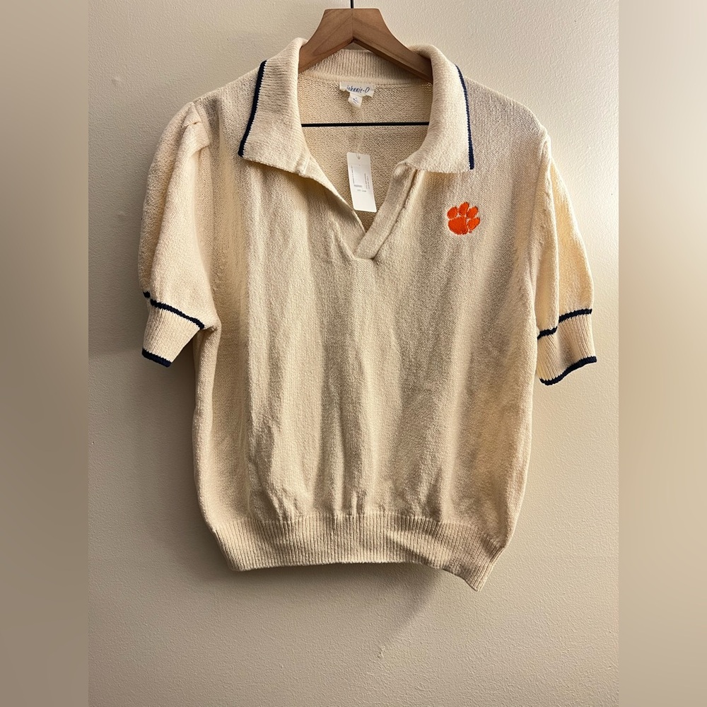 johnnie-O Cream Polo Blouse with Orange Accent